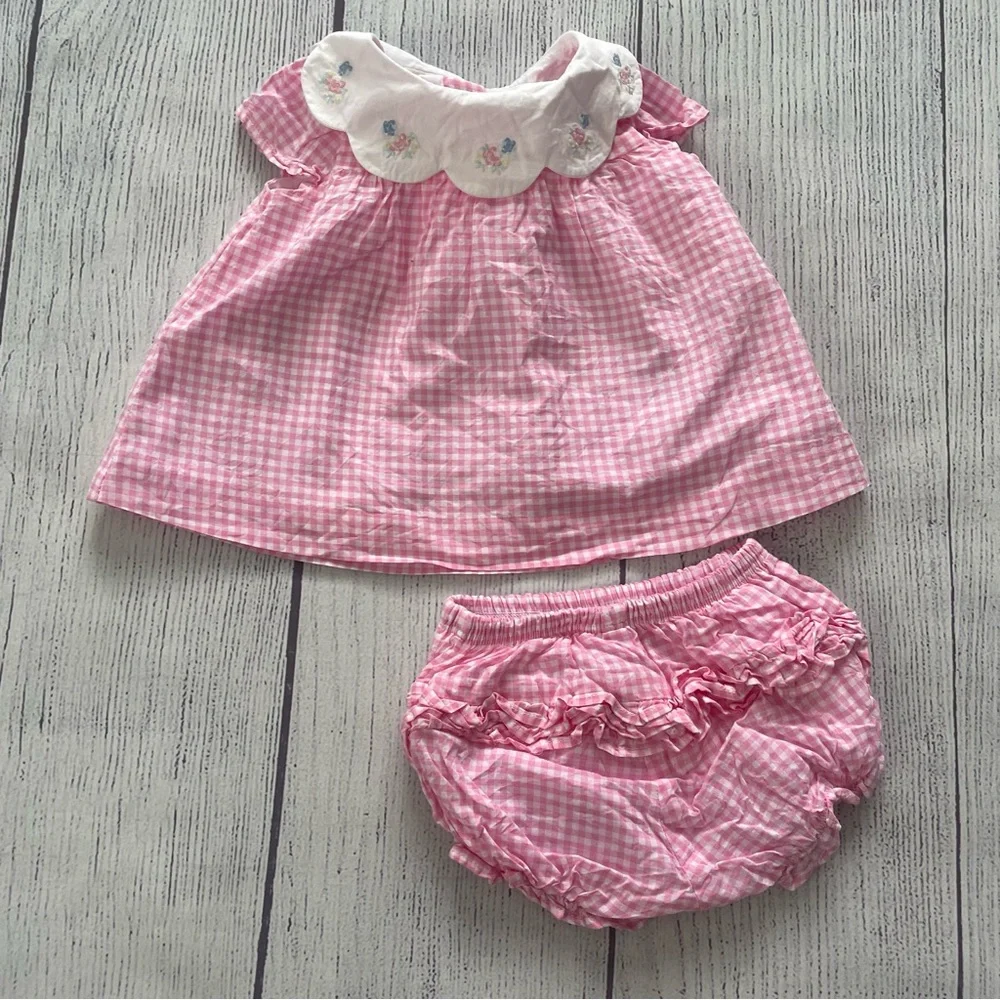 Janie and Jack Girls Pink Gingham Baby Dress and Bloomers Set Size 0-3 months